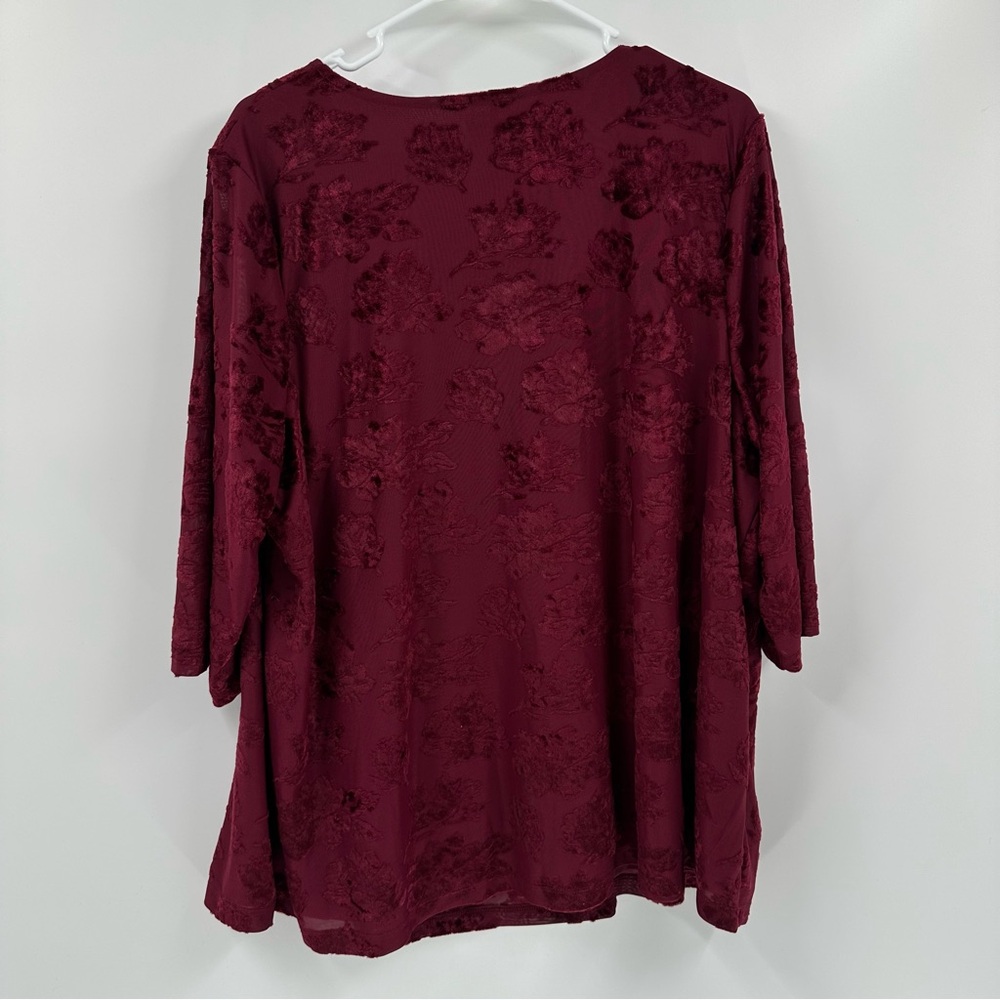 Catherines Red Moroon 3/4 Sleeve Burnout Crushed Velvet Tunic 1X/18-20 Holidays - Picture 3 of 13